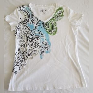 Stylish Women's V-Neck Top - White with Black, Blue, and Green Accents Small